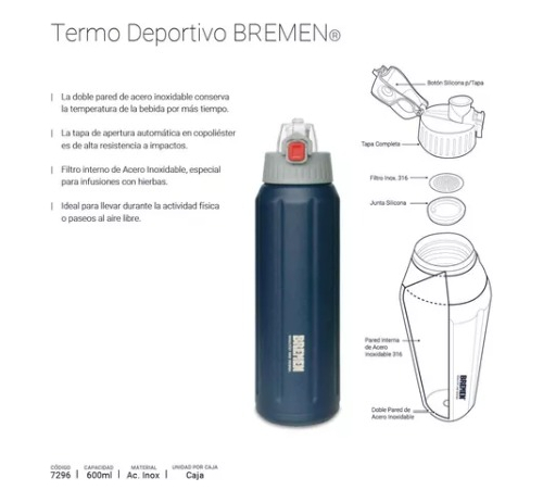 Termo Deportivo Bremen® 600ml  Acero Inoxidable